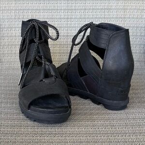 Sorel Joanie II Lace Wedge Leather Sandal Black Size 8